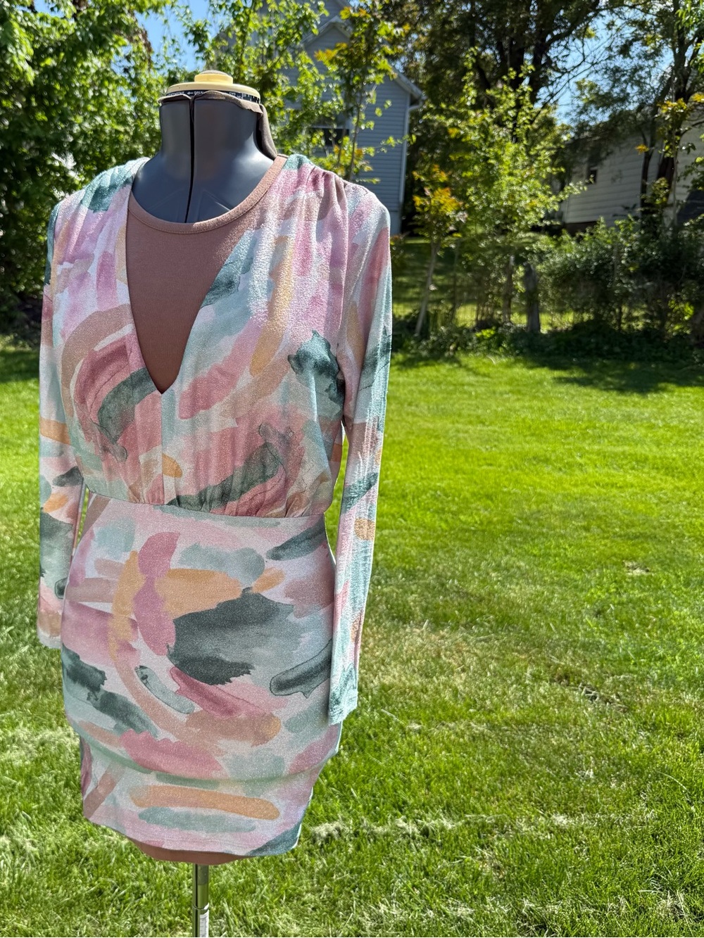Bebe Watercolor Bodycon Dress Long Sleeve Shimmer Mini Dress Medium